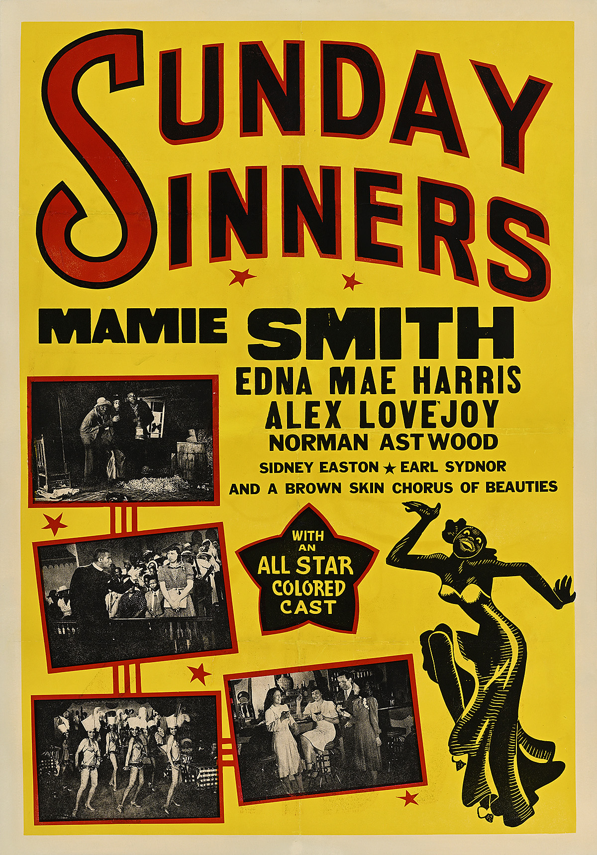 A poster with four black and white photographs of Black men and women dancing, in a bar, looking afraid, and in a courtroom.