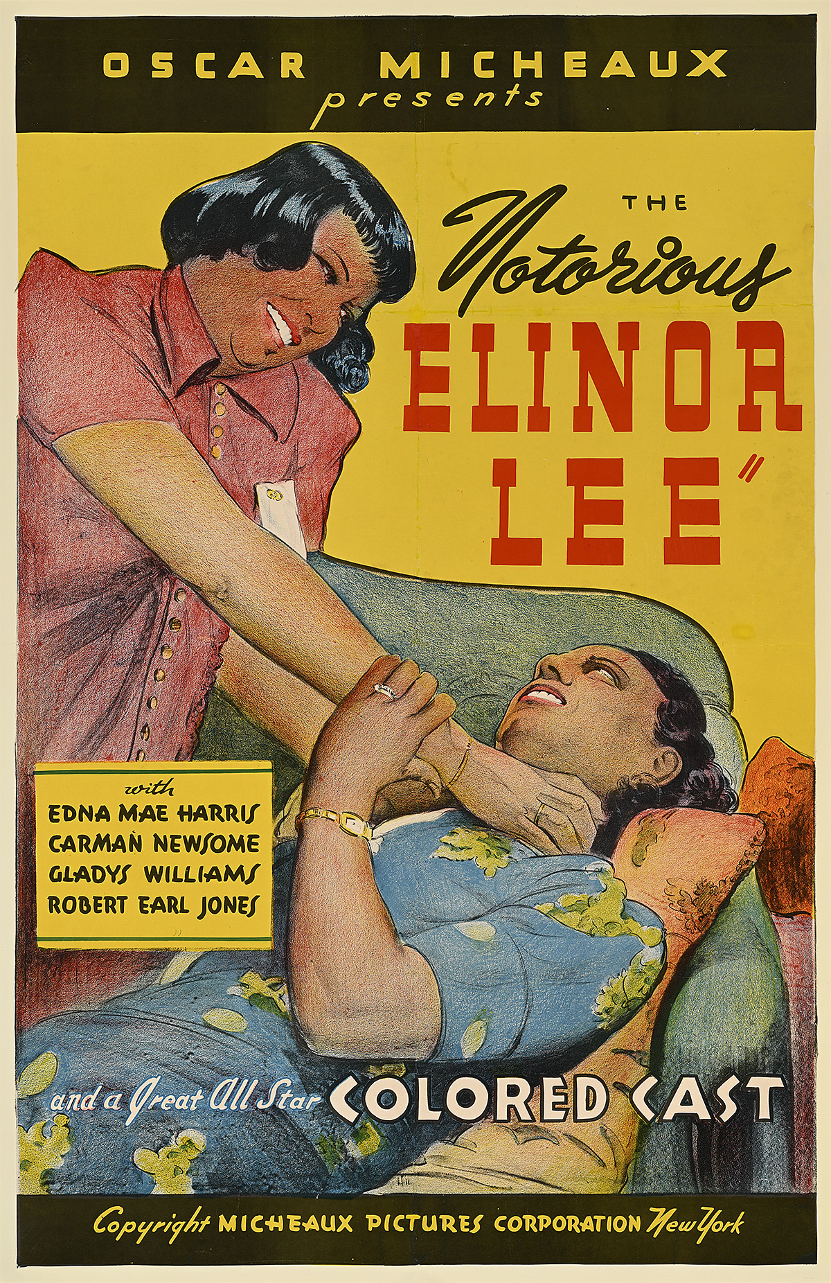 A poster of a Black woman standing with her hands around the neck of a second Black woman lying on a couch.