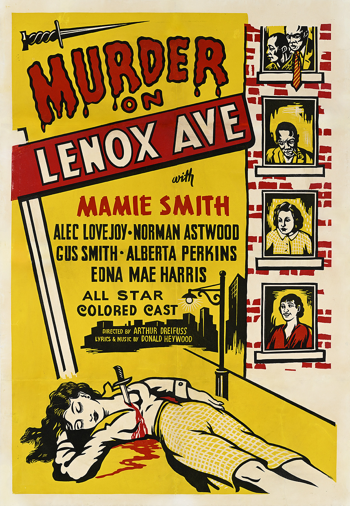 A poster of a woman lying on the ground with a knife in her chest next to a building with onlookers in the windows.