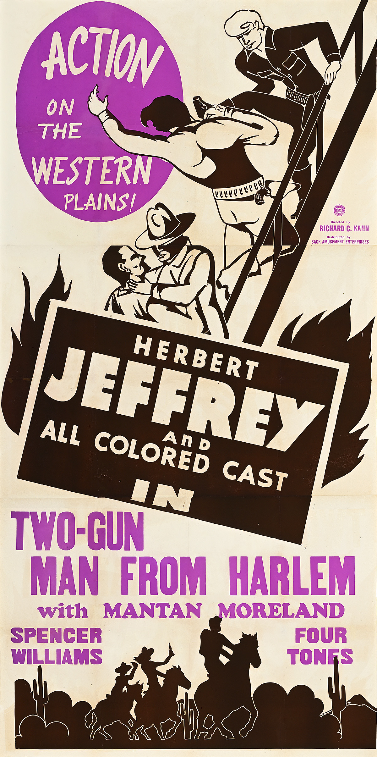 A poster of cartoon men fighting on a ladder above cowboys riding on horseback.