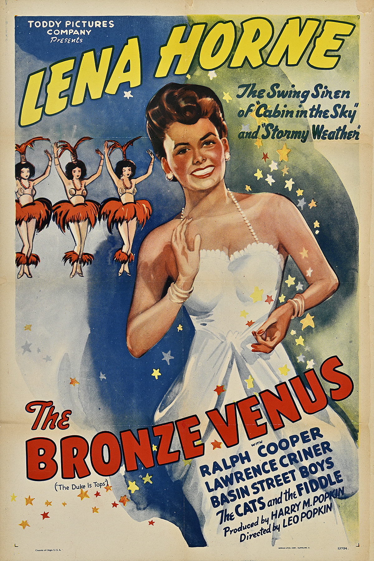 A poster of a light-skinned woman in a white dress in front of three chorus girls.