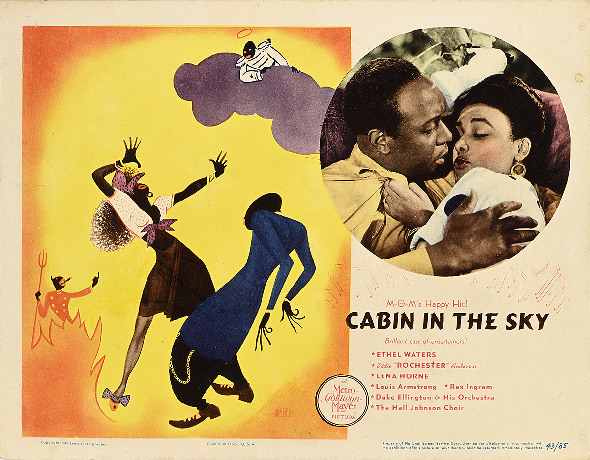 A printed card featuring a Black man and woman embracing next to a cartoon scene of Black figures dancing.