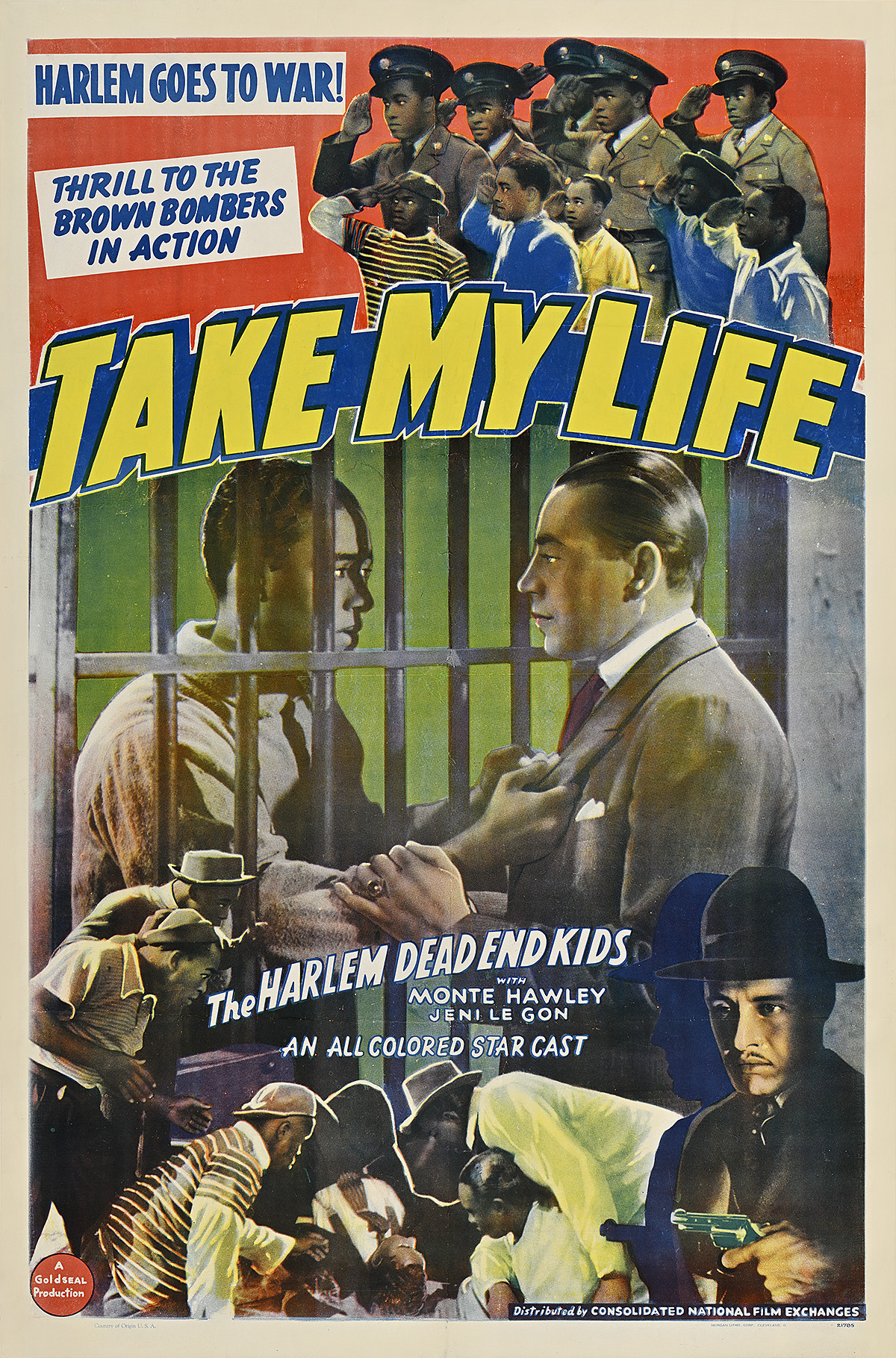 A poster of a Black man holding the lapels of a white man's jacket through jail bars.