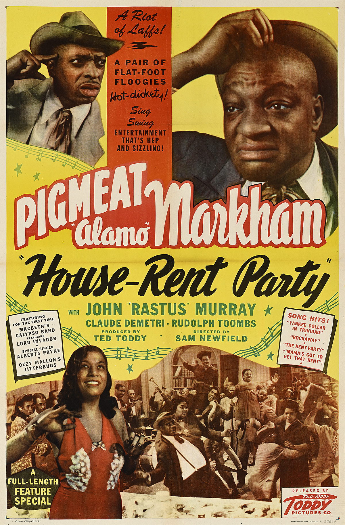 A poster of two worried looking Black men above a group of dancing people and a smiling woman in a dress.