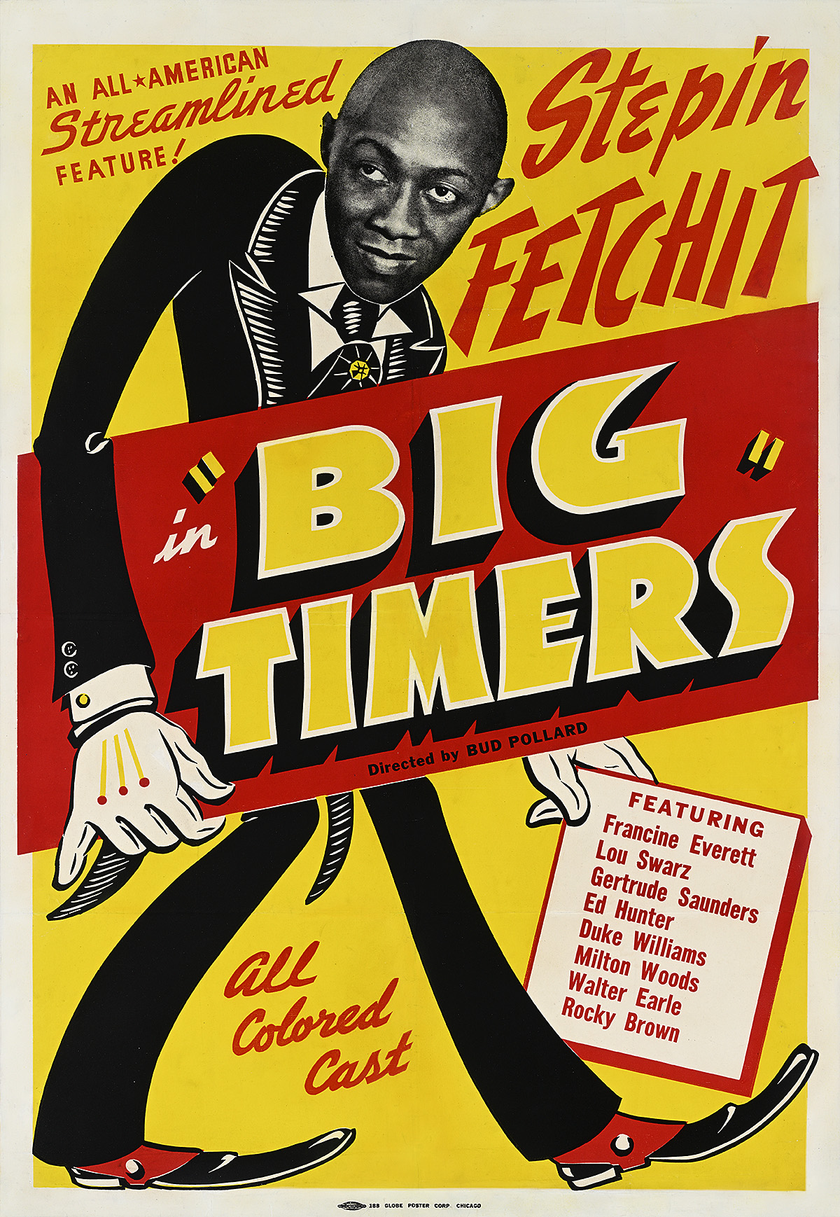 A poster with a black and white photograph of a Black man's face on top of a cartoon body and holding a large sign.