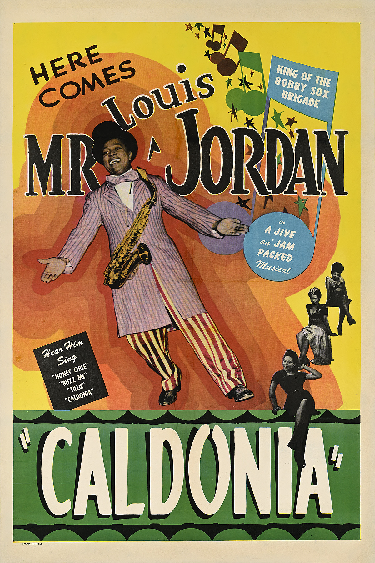 A poster of a person with their arms outstretched and a saxophone surrounded by music notes and posed women.