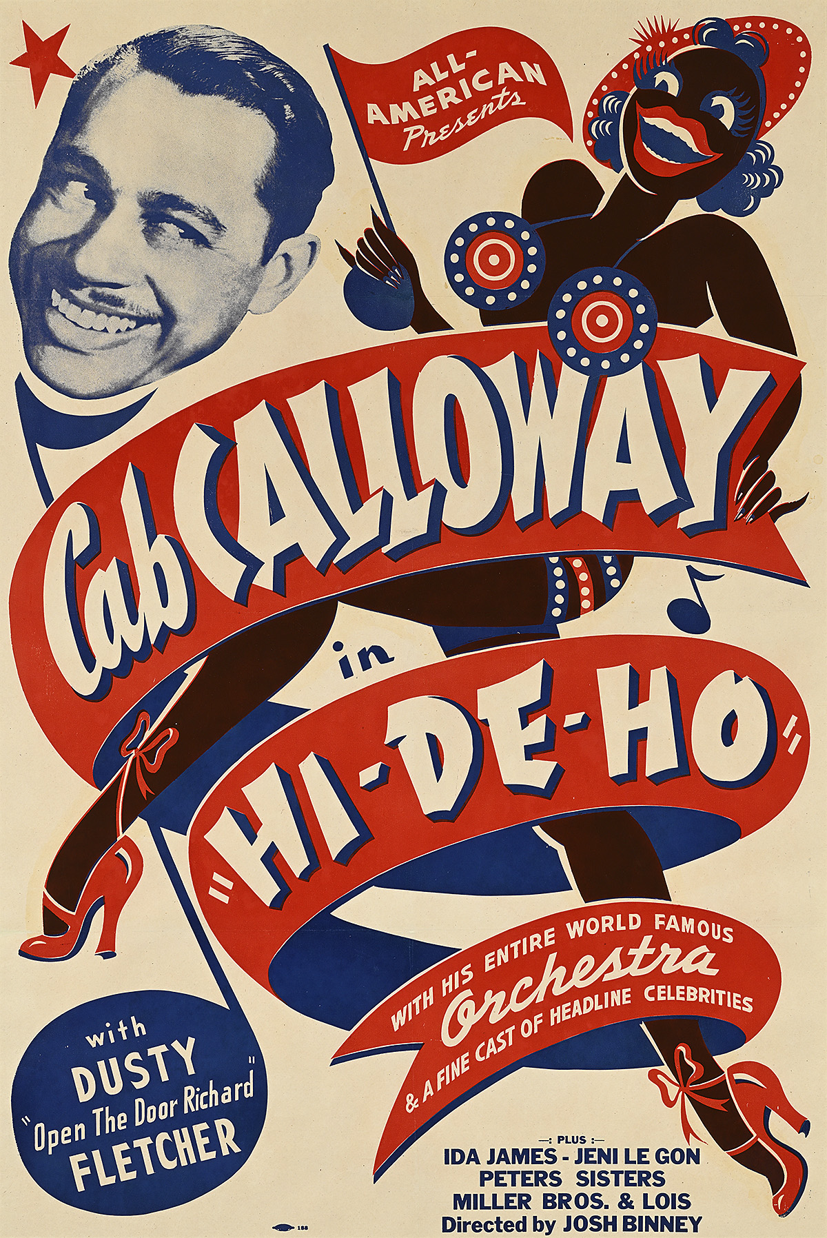 A poster of a smiling cartoon Black woman surrounded in a large red ribbon with a photograph of a floating man's head.