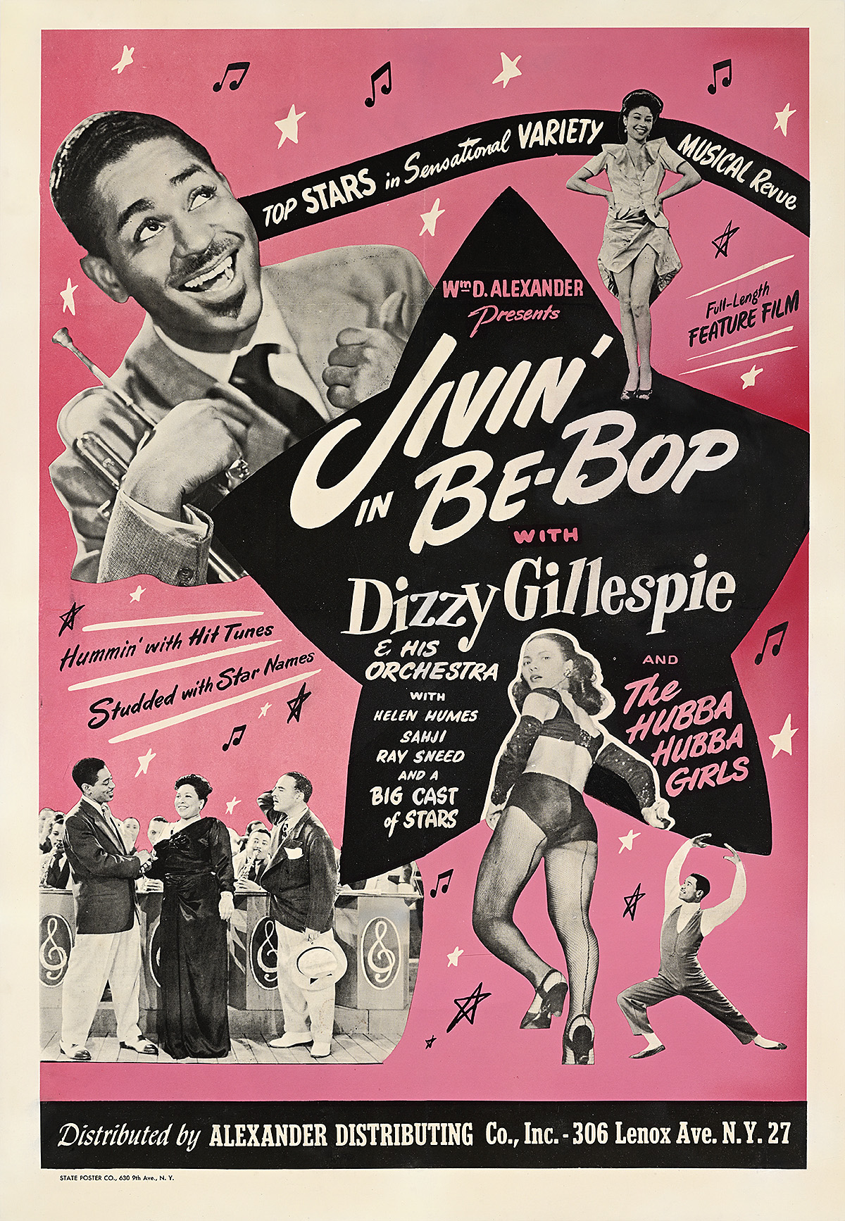A poster with photographs of Black men and women dancing and smiling on a pink background with music notes.
