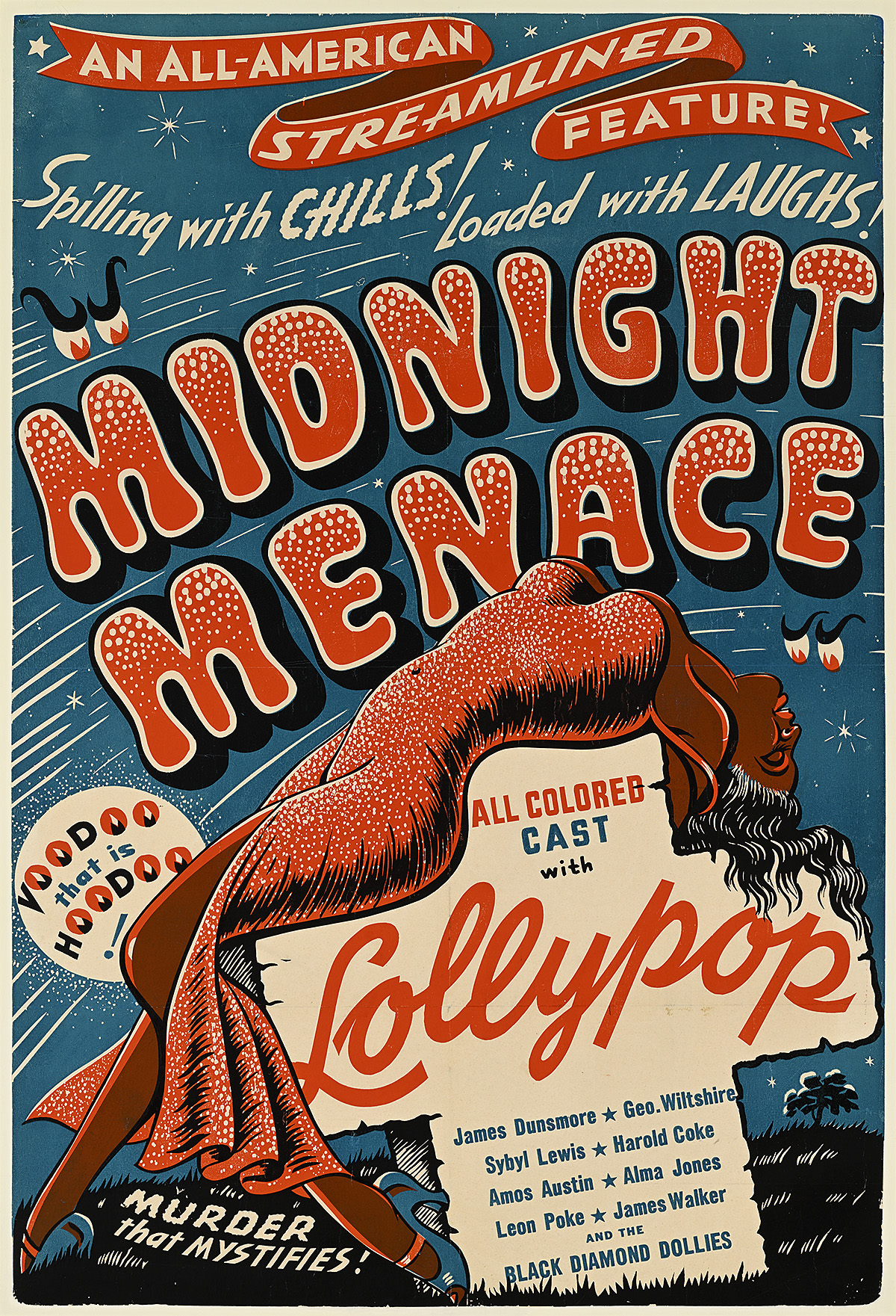 A poster of an illustrated Black woman in a long red dress lying on top of a cross shaped tombstone under a blue night sky.