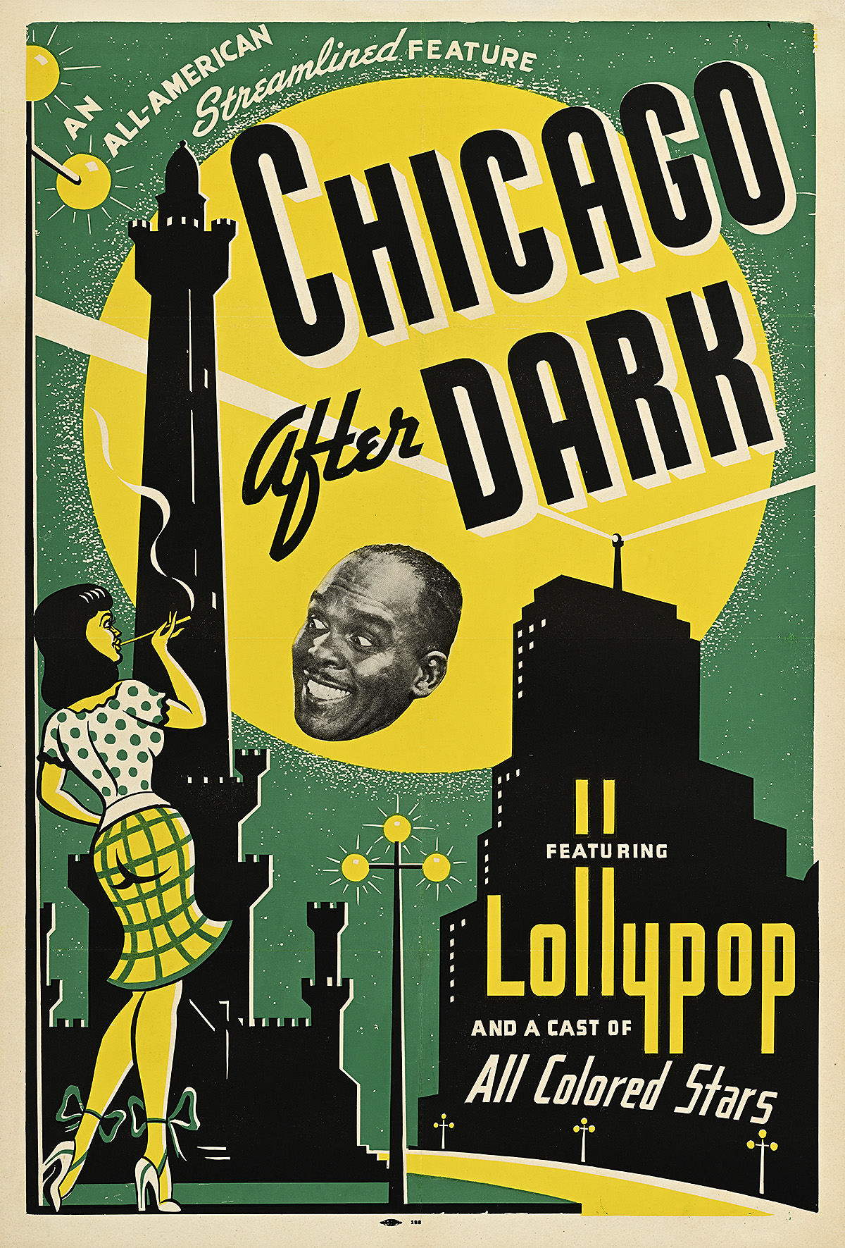 A poster of an illustrated woman smoking in front of a green and yellow night skyline with a Black man's face smiling down.