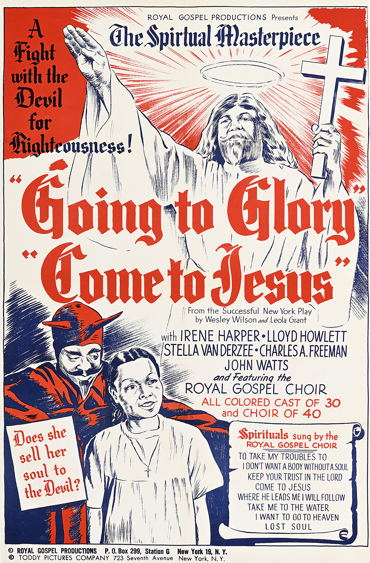 A poster of the devil holding the shoulder of a woman below a white man with a long beard with his arms outstretched.