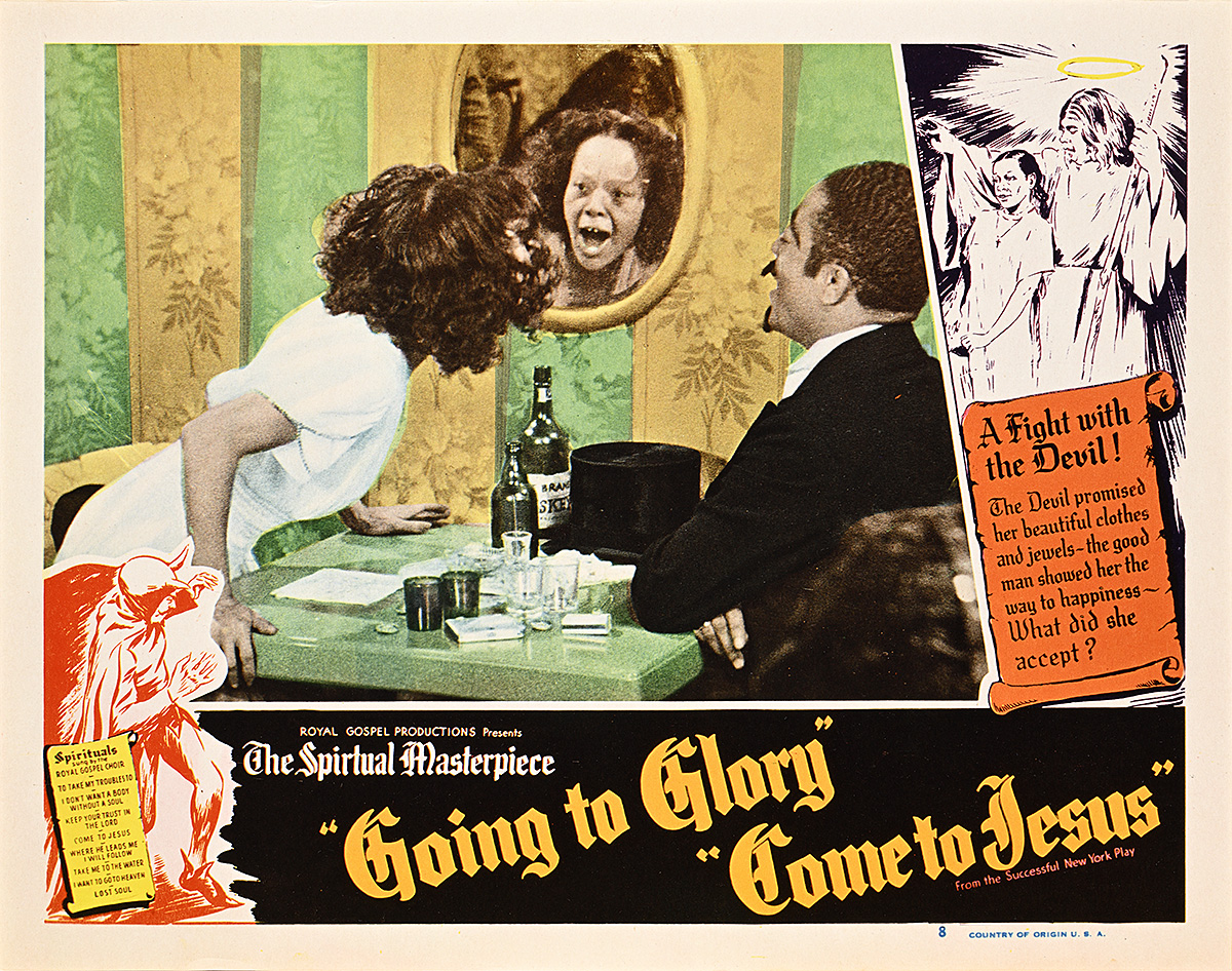 A lobby card of a Black woman and Black man at a table; the woman is looking into a mirror with an excited expression.