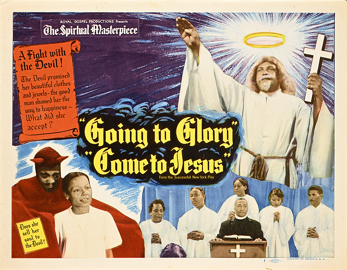 A lobby card of a Black man in a white robe with a halo above a Black man in a devil costume, a child, and people in prayer.