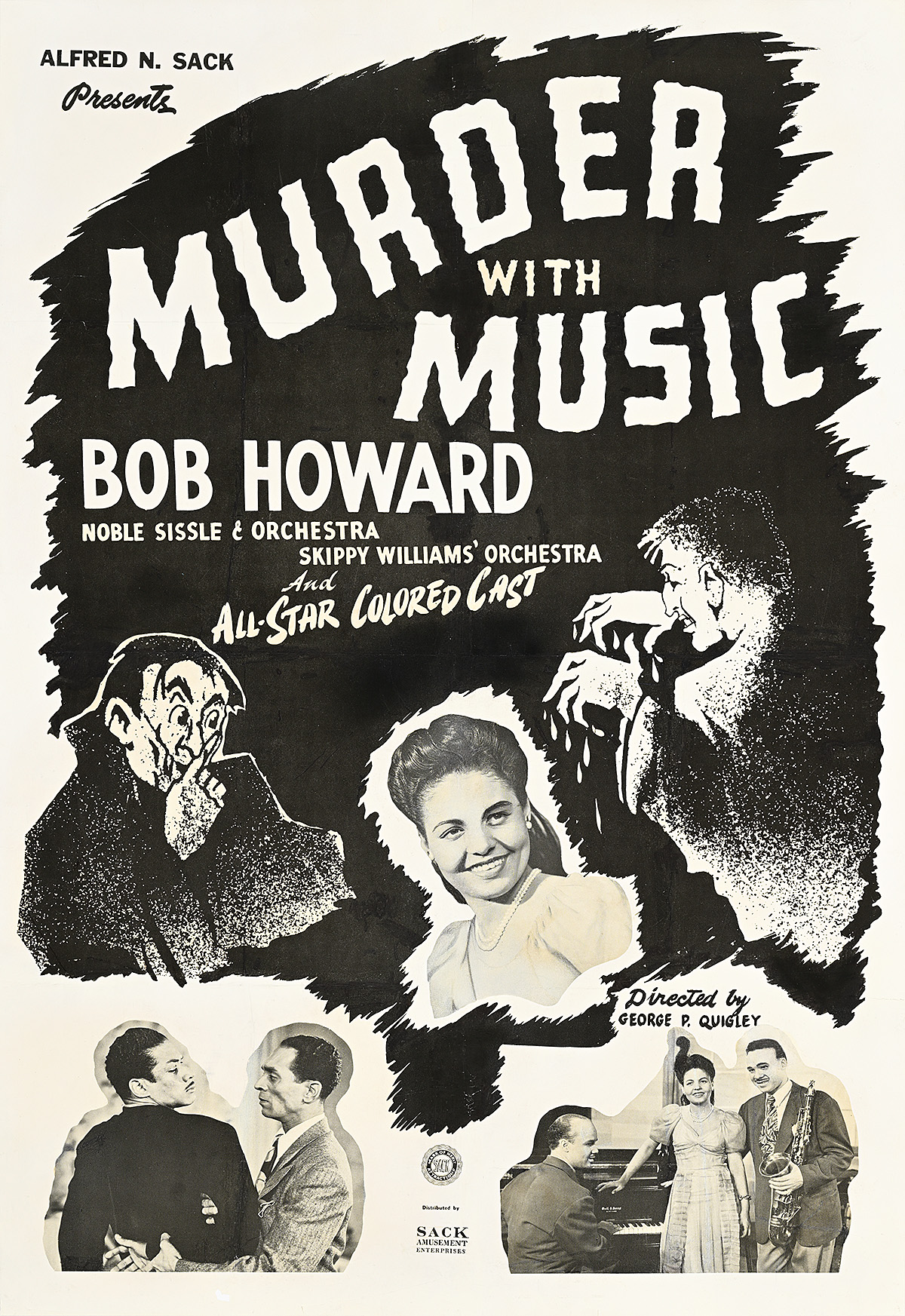 A black and white poster of a smiling Black woman with light skin framed by spooky cartoon vampires.