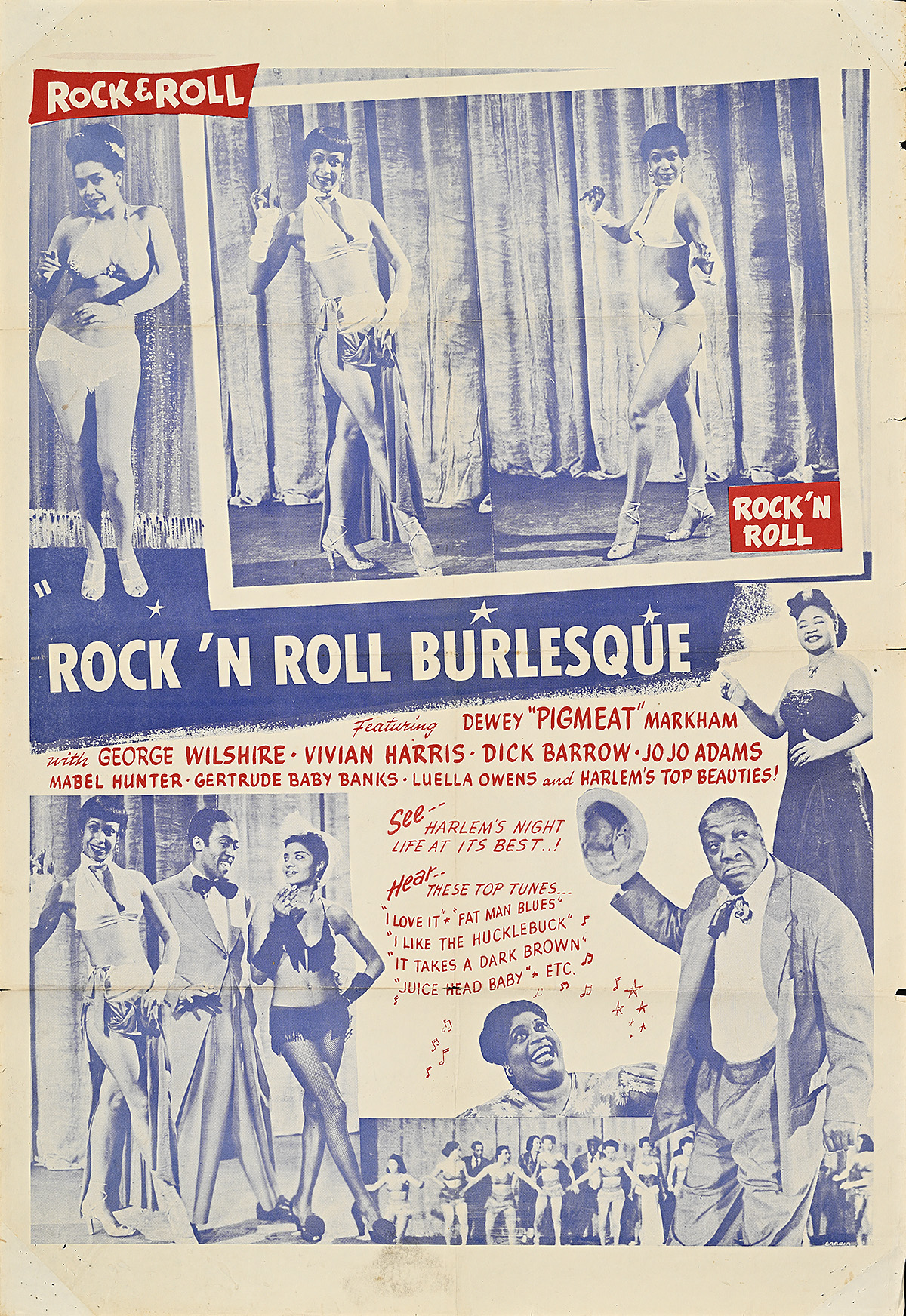 A poster with blue and white toned photographs of men and women smiling and dancing.