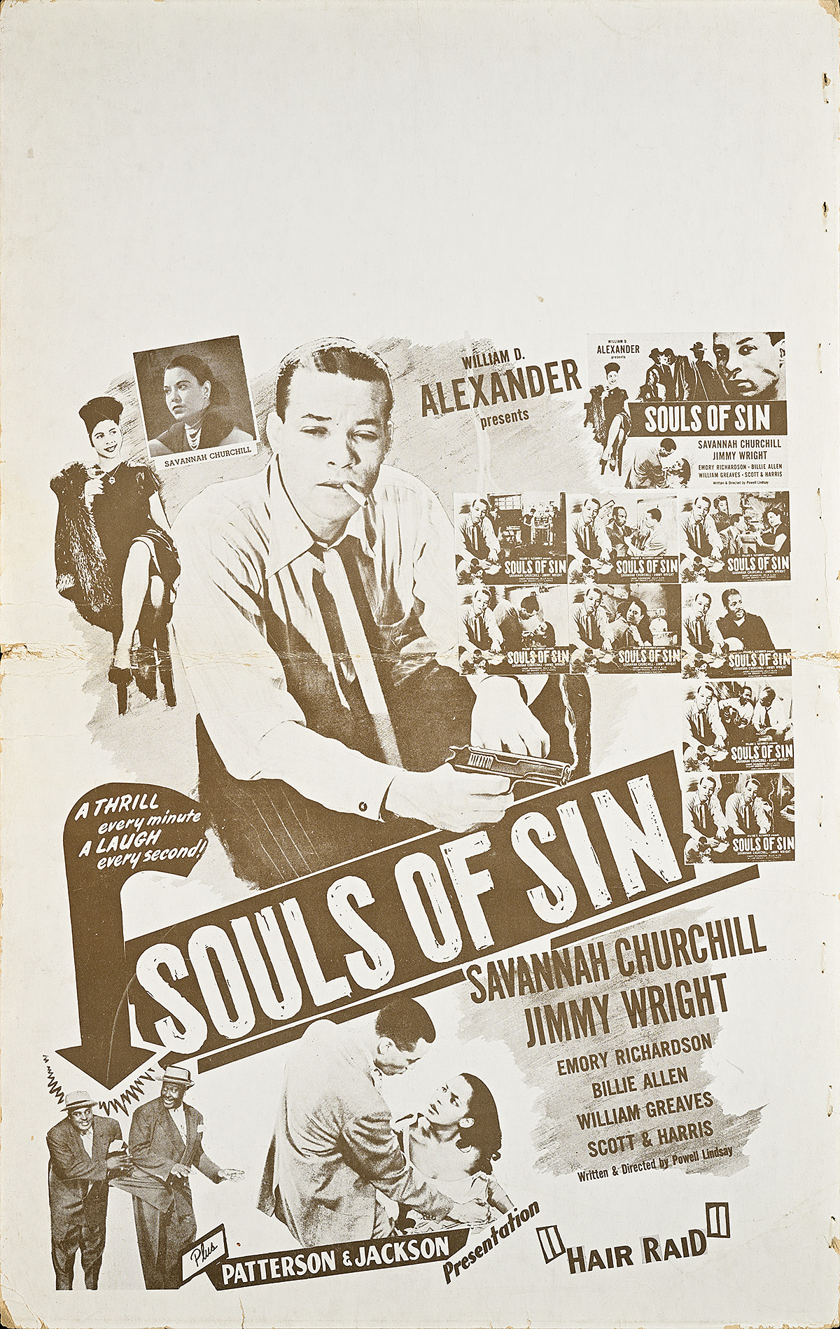 A printed card of a young man with a cigarette and a gun surrounded by several small vignettes of Black men and women.