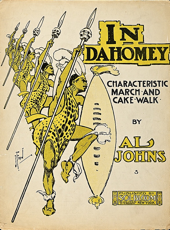 Five warriors in a receding line holding spears topped with skulls and wearing feathers on their heads.