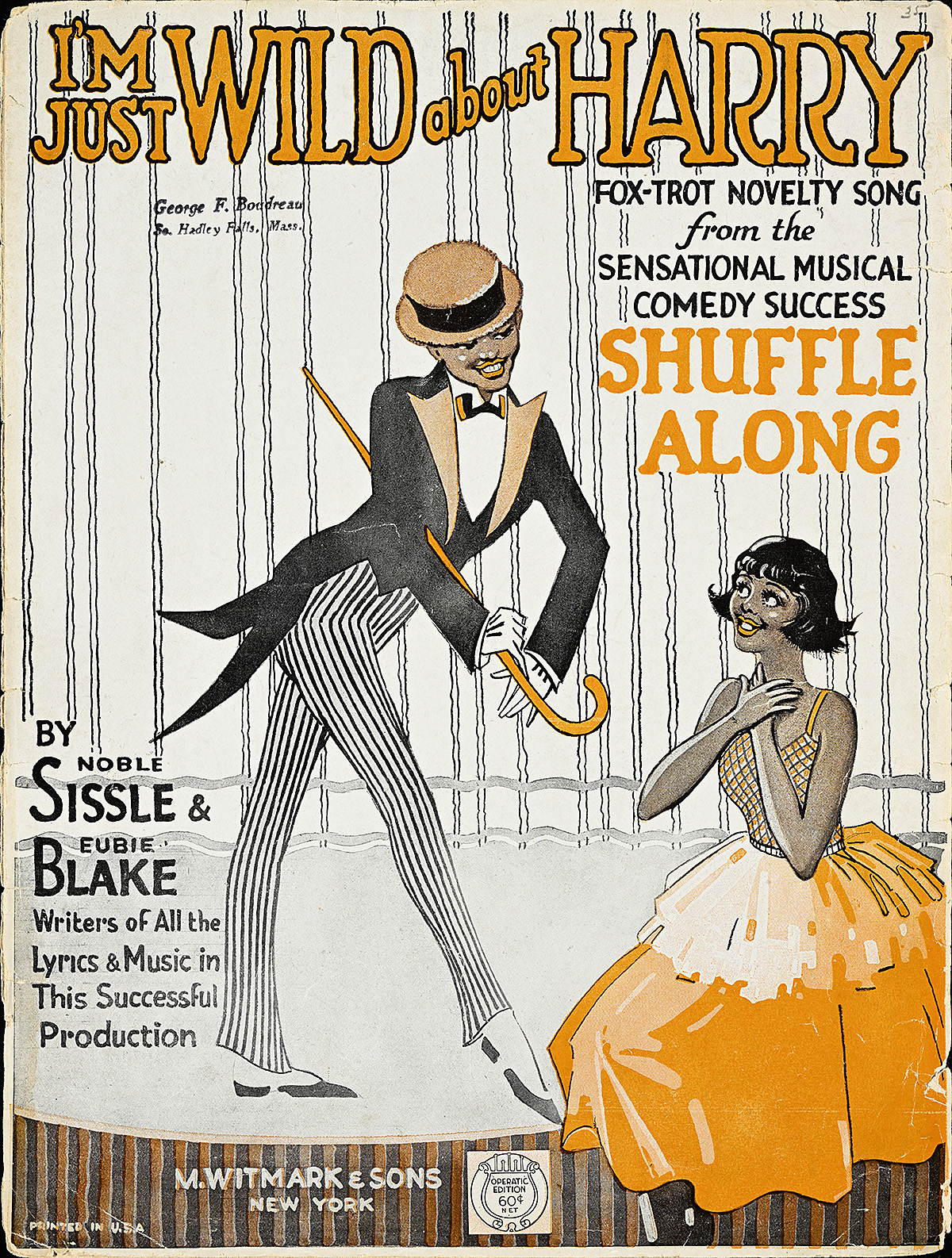 An illustration of a Black young man in a suit looking adoringly at a seated young Black woman in an orange dress.