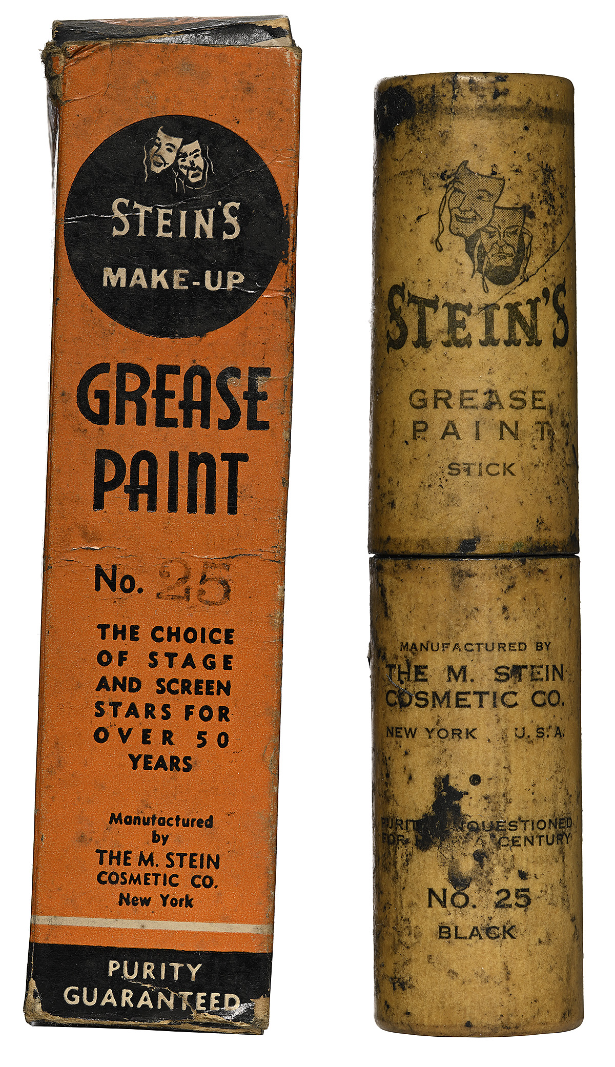 An orange rectangular box with black text next to a skinny tube both with small theater masks at the top.
