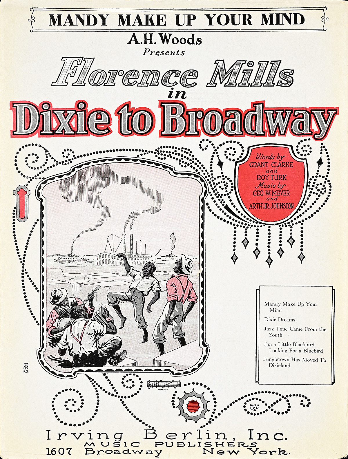 An illustration of a group of Black men playing music and dancing surrounded by decorative illustrations and black text.