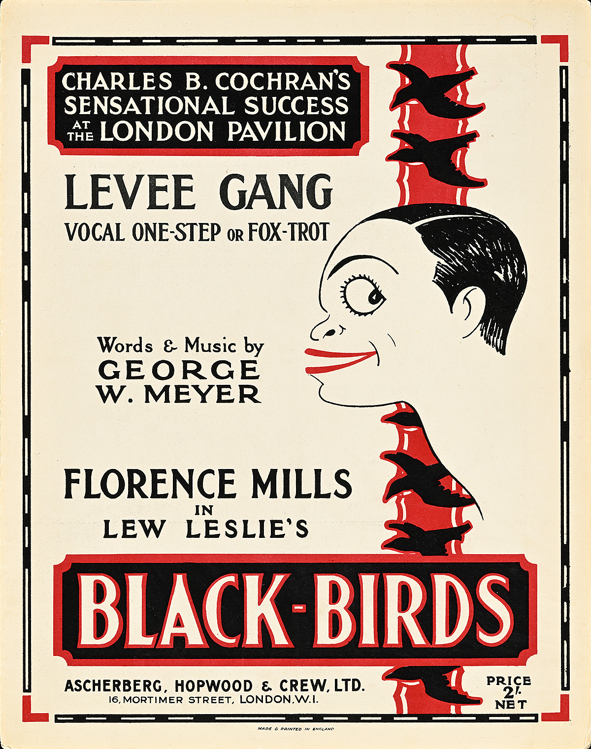 A black and red illustration of a woman's face in side profile with small black birds behind her.