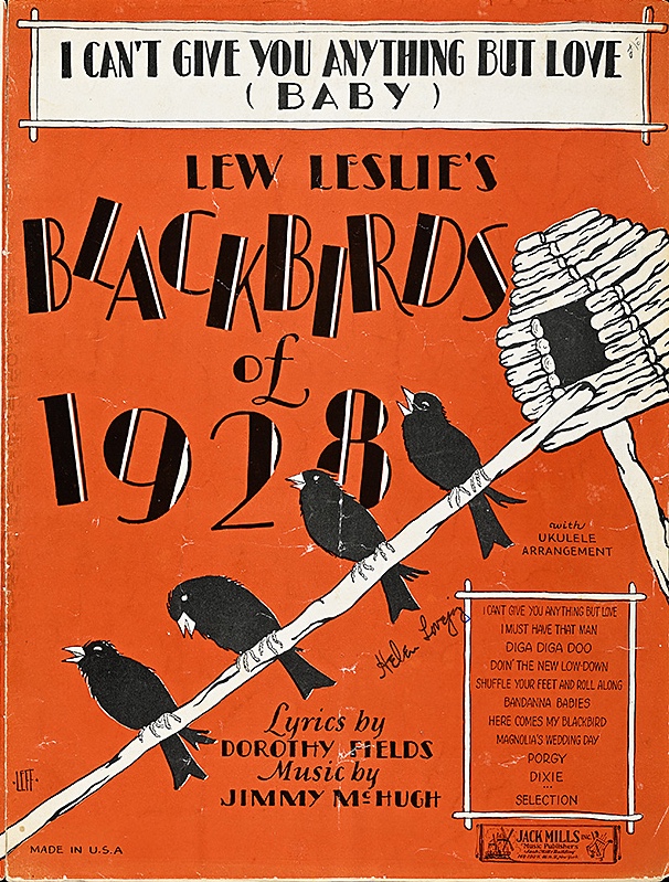 Four illustrated black birds sitting in a line on a twig with black text on an orange background.