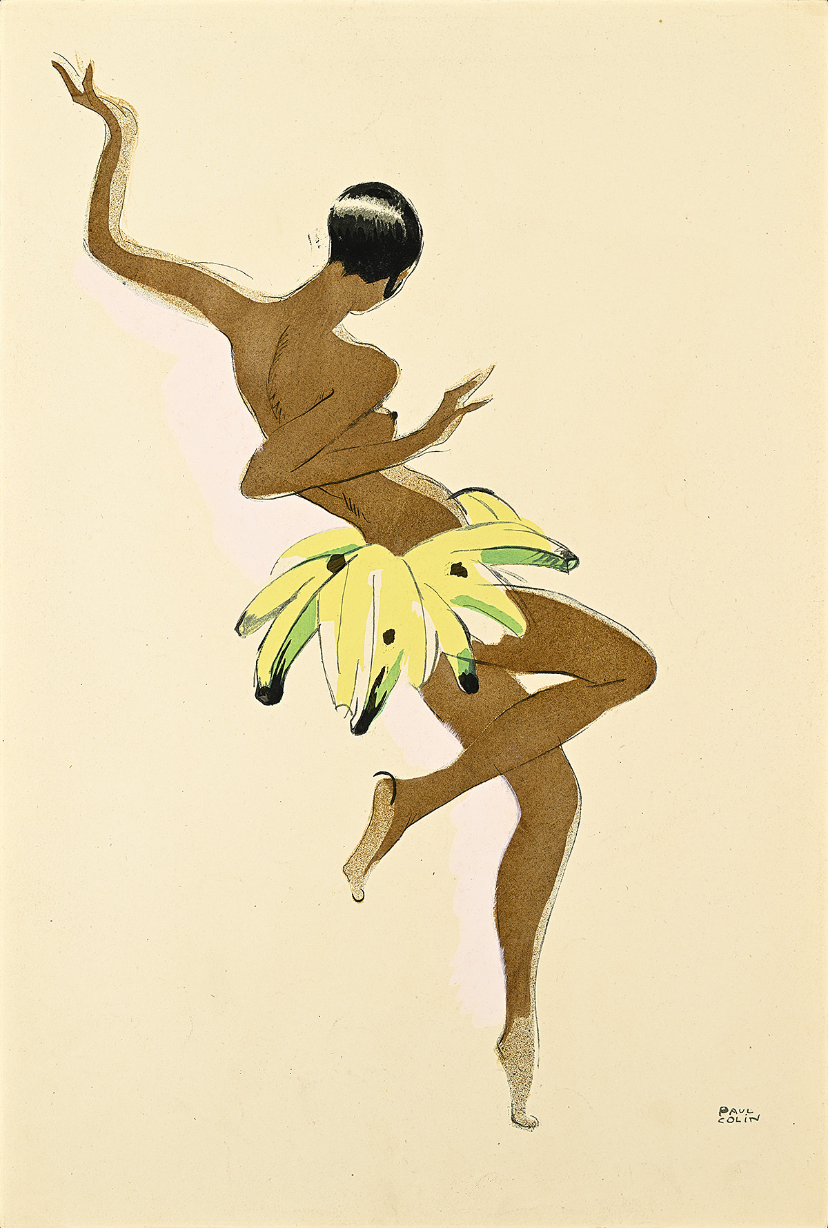 A drawing of a dark-skinned woman dancing and wearing a skirt made of bananas.