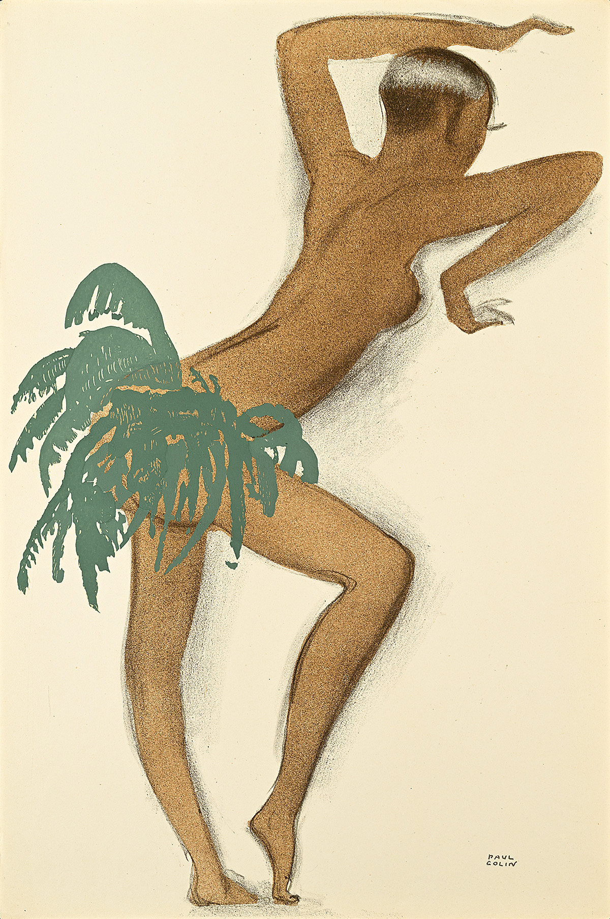 A drawing of a dark-skinned woman dancing and wearing a skirt made of green leaves.