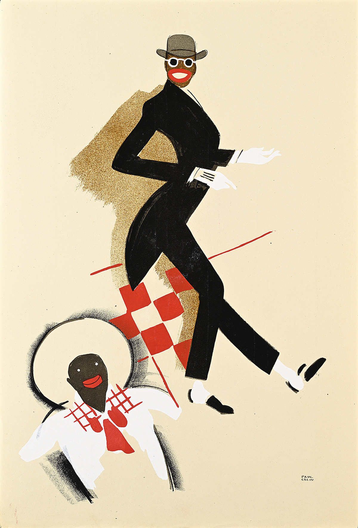 A drawing of a dark-skinned man in a Black suit and white gloves dancing and smiling.