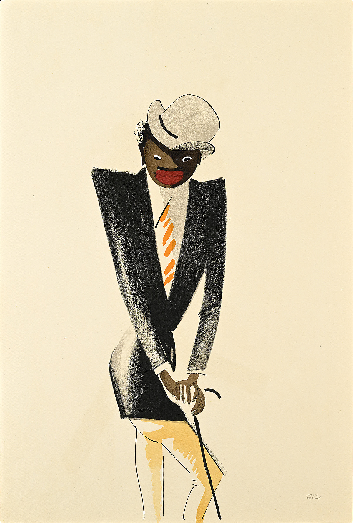 A drawing of a dark-skinned figure wearing a black jacket and white hat with both hands leaning on a thin black cane.