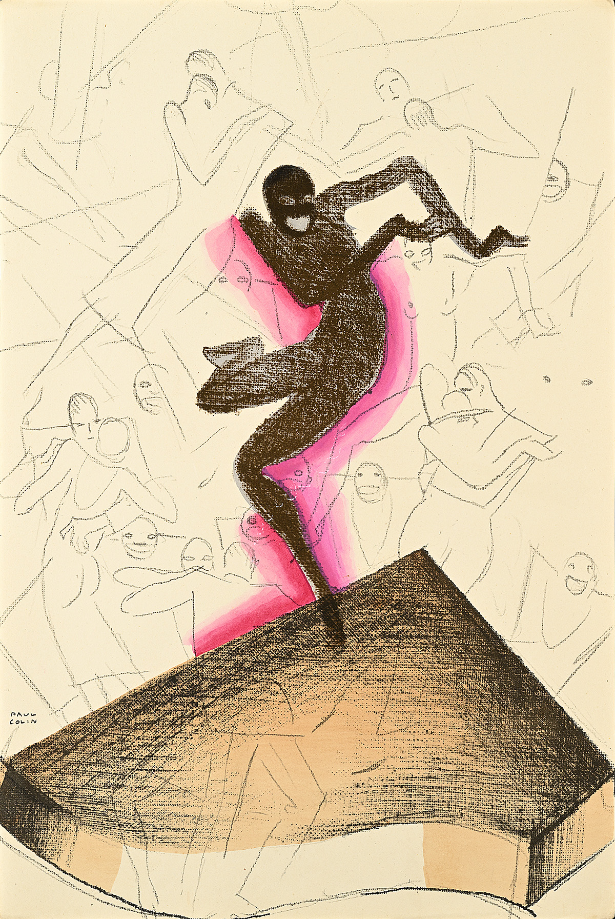 A drawing of a dark figure dancing on top of a piano with sketches of several figures dancing in the background.