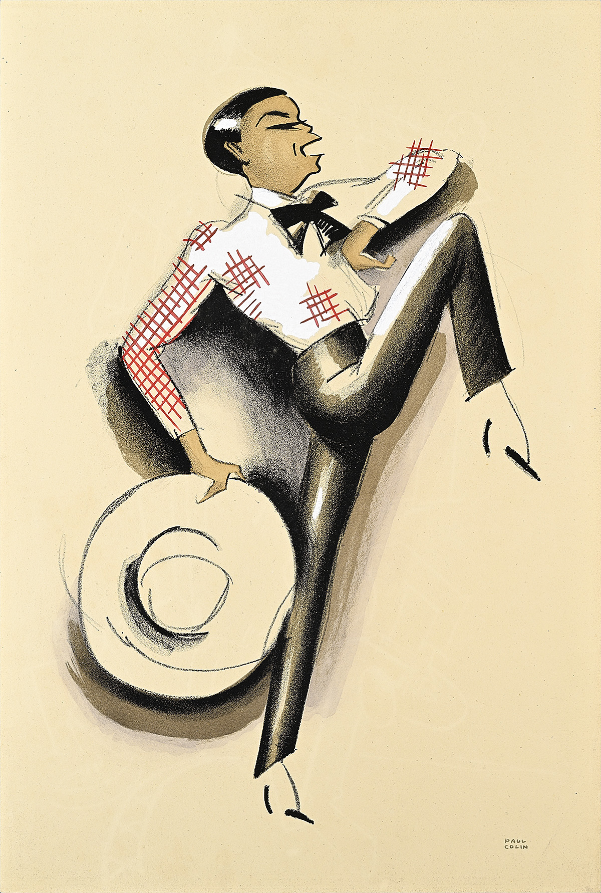 A drawing of a figure in a white shirt and black bow tie holding a wide brimmed hat and kicking their leg up very high.