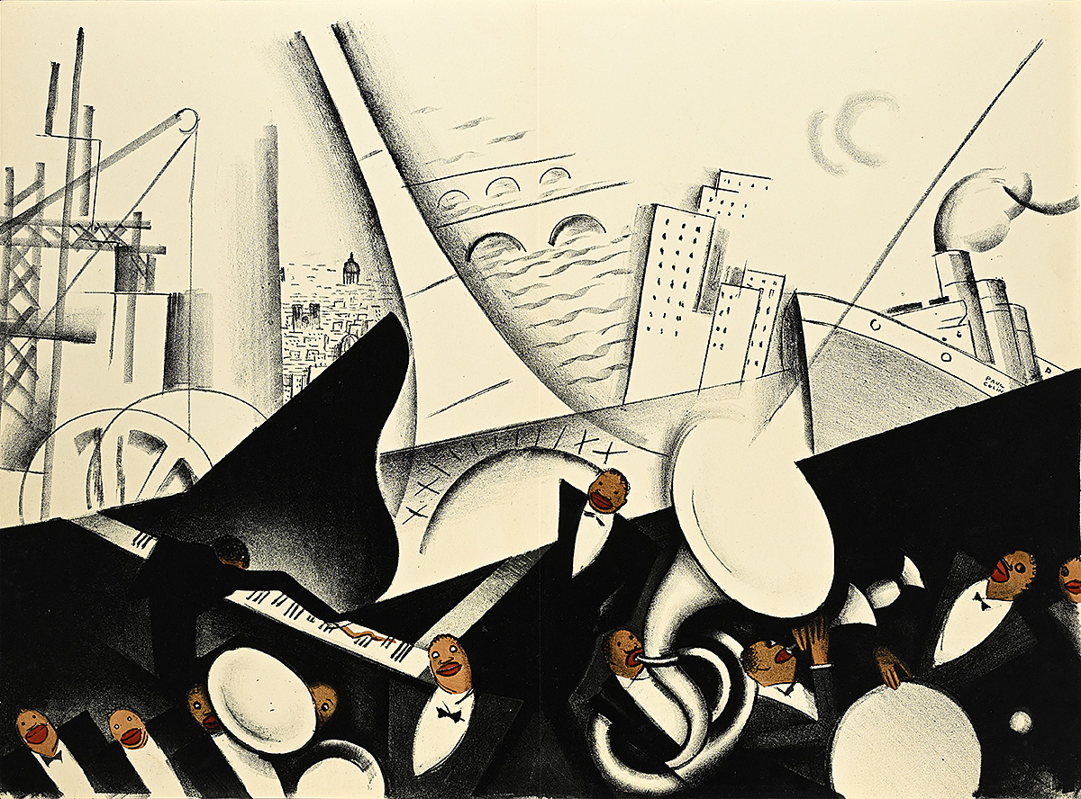 An abstracted illustration of men in black suits playing instruments with a cityscape in the background.