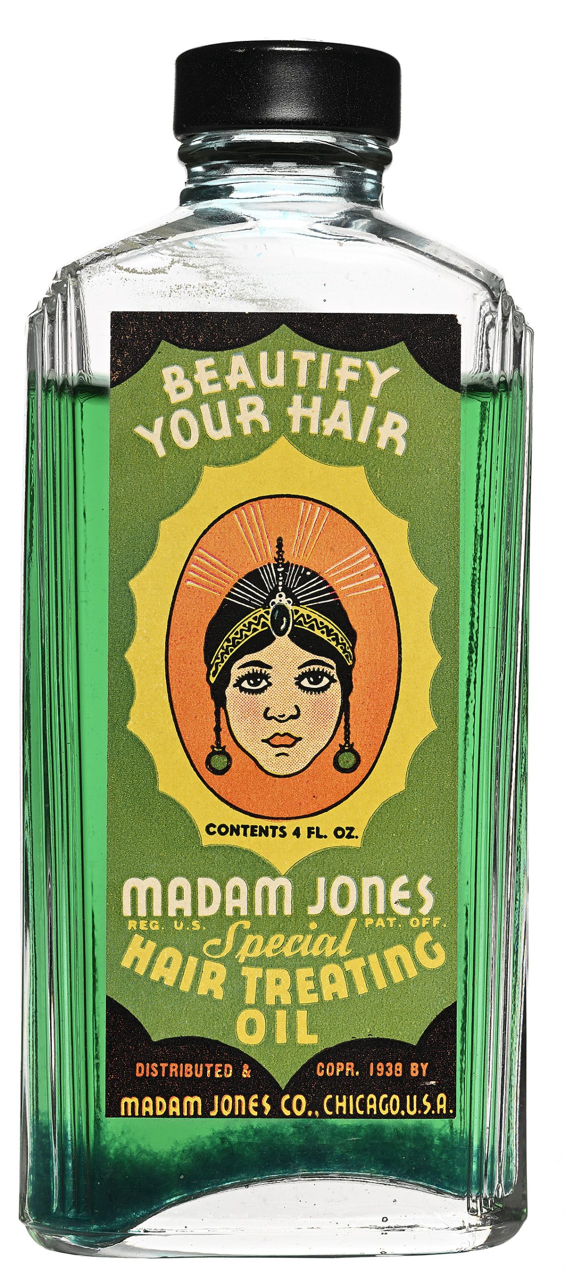 A glass bottle with a green liquid inside.