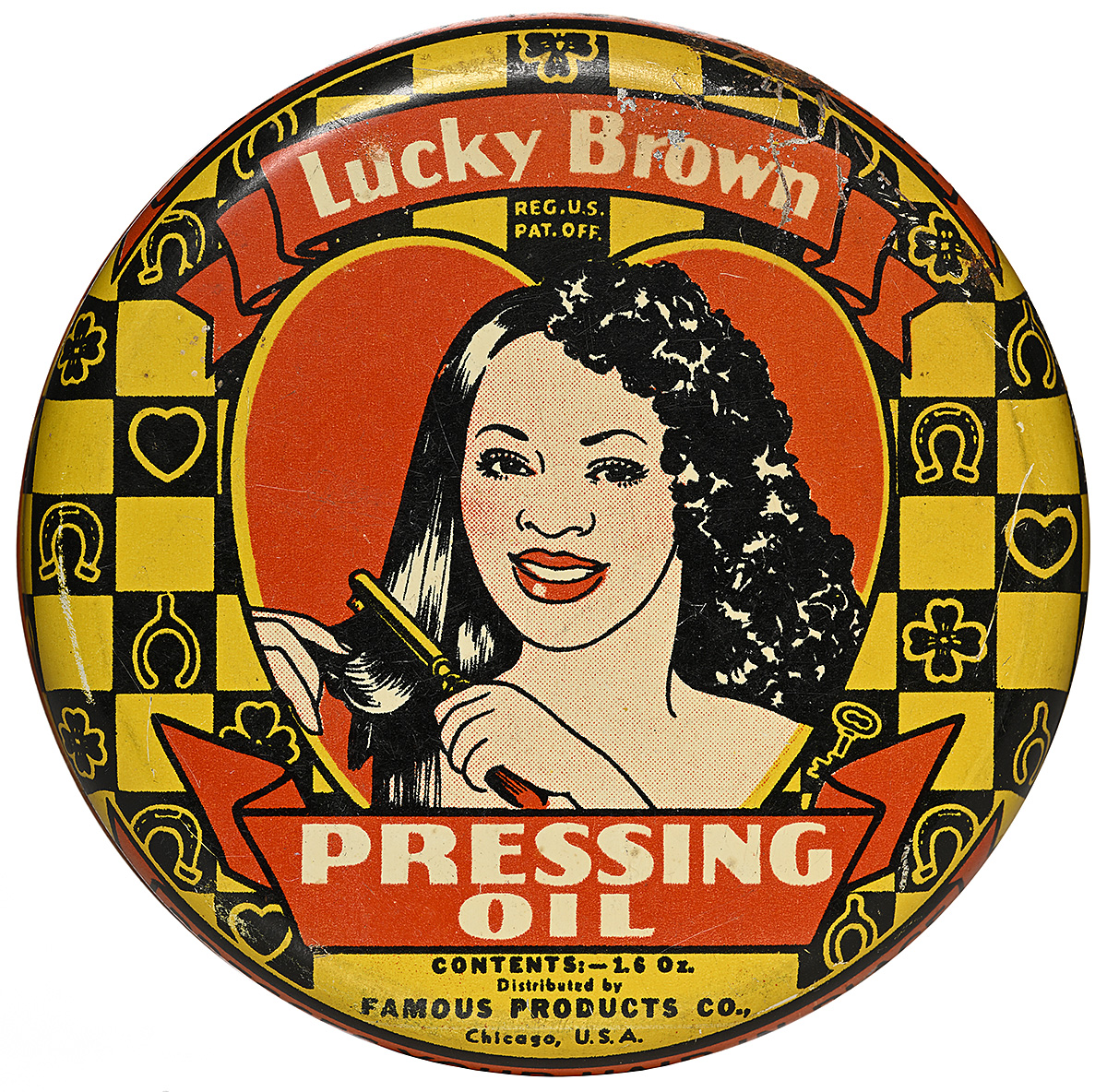 The top of a circular tin with an illustration of a young woman brushing her hair.