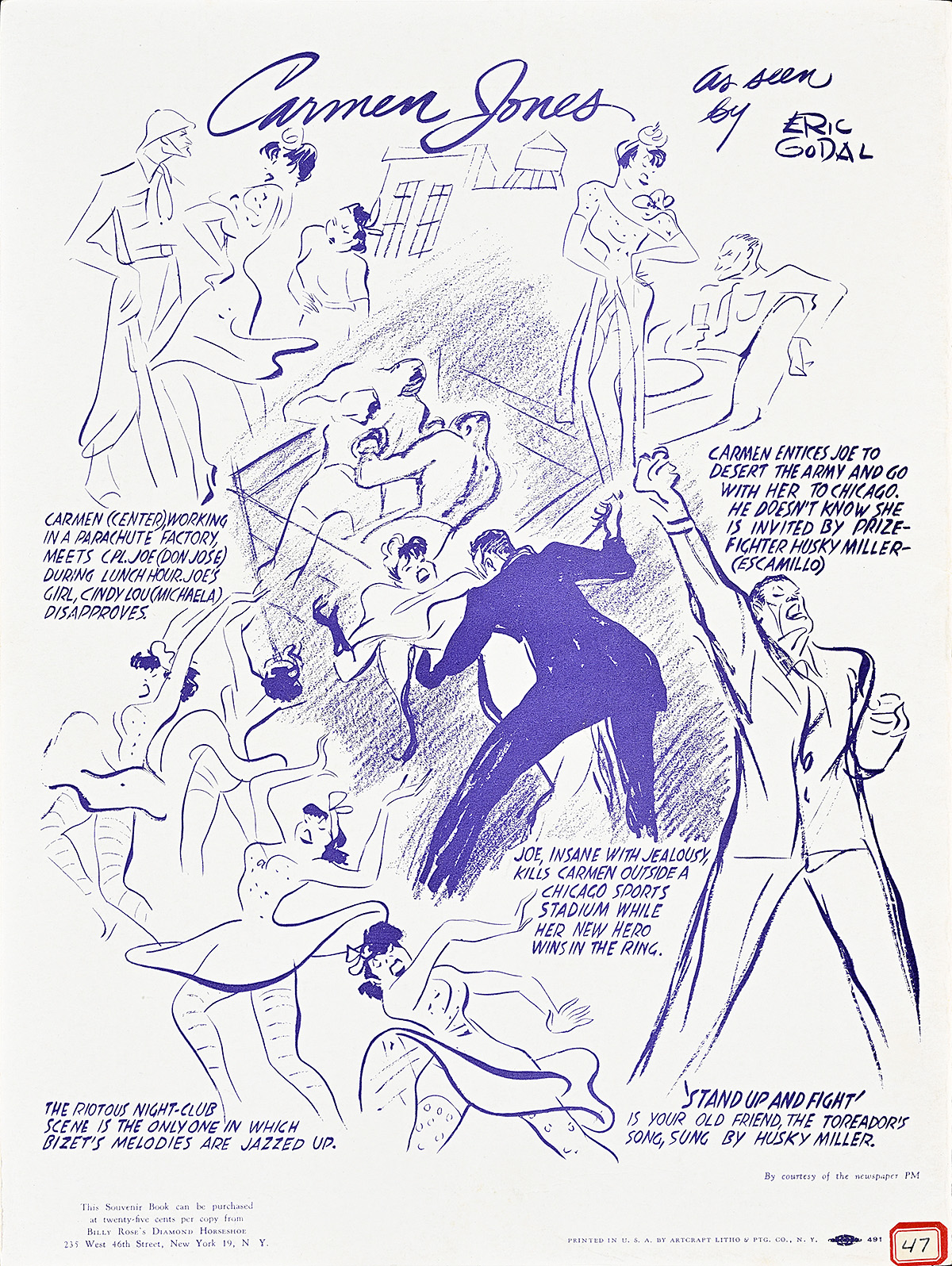 Multiple sketchy purple vignettes of men and women dancing and talking surrounding two boxers in the center.