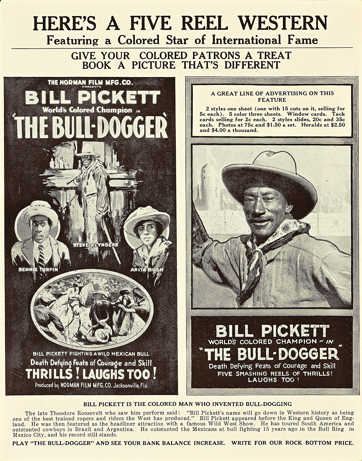 Two black and white film advertisements next to each other on a page with black text.