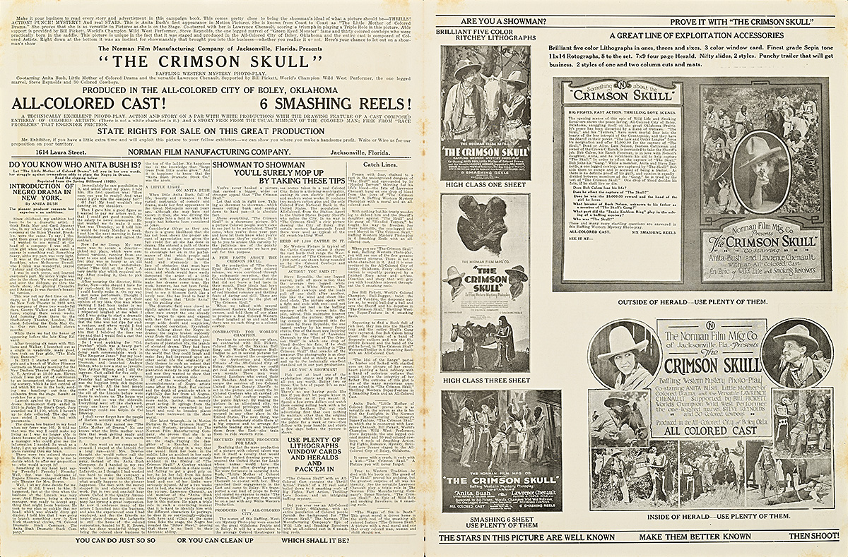 Two open pages with small black text on the left and several black and white film advertisements on the right.