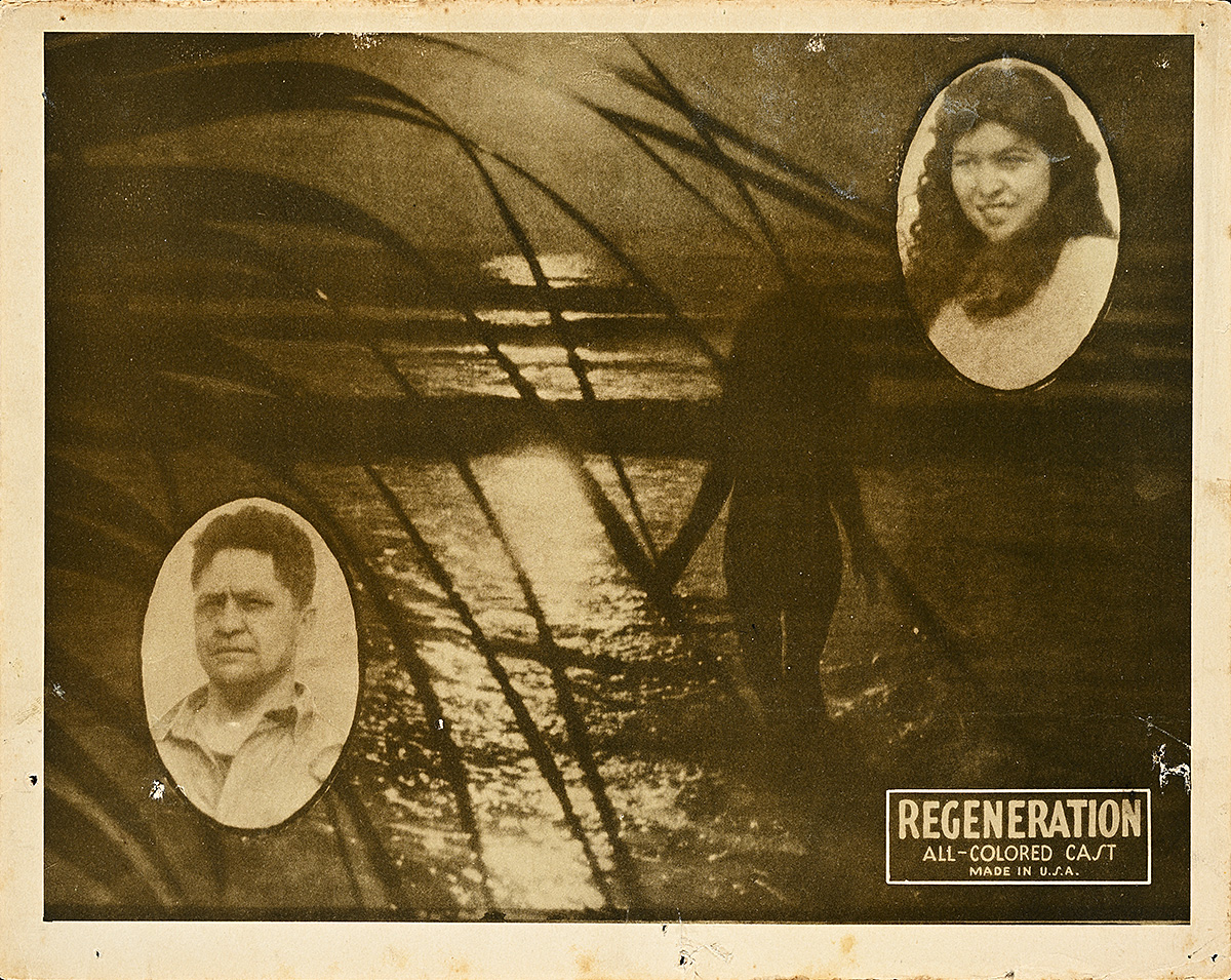 A photograph of a figure from behind standing in water and two ovals in the corner each with a person's face inside.