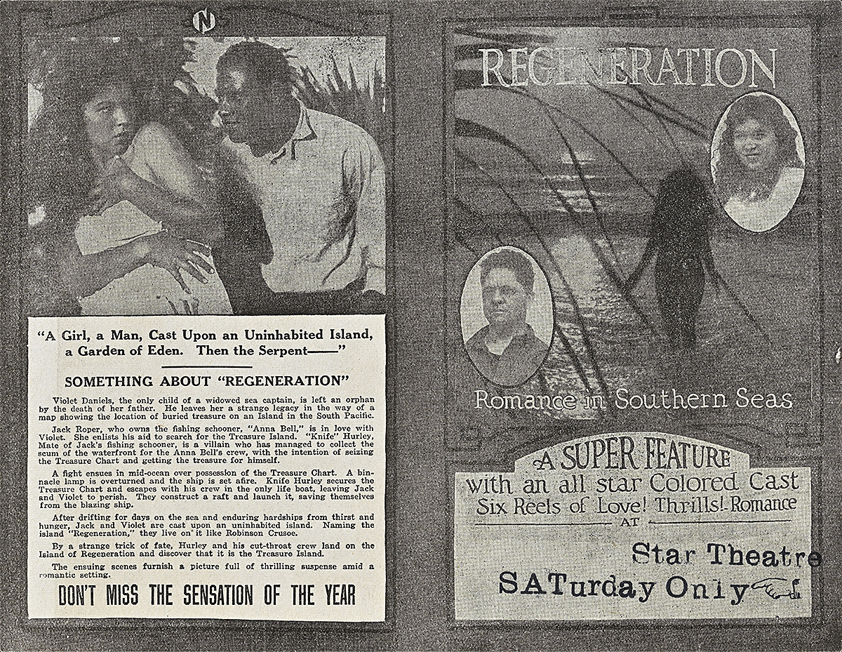 A black and white photograph of a young man and woman with text on the left and an ocean scene on the right.