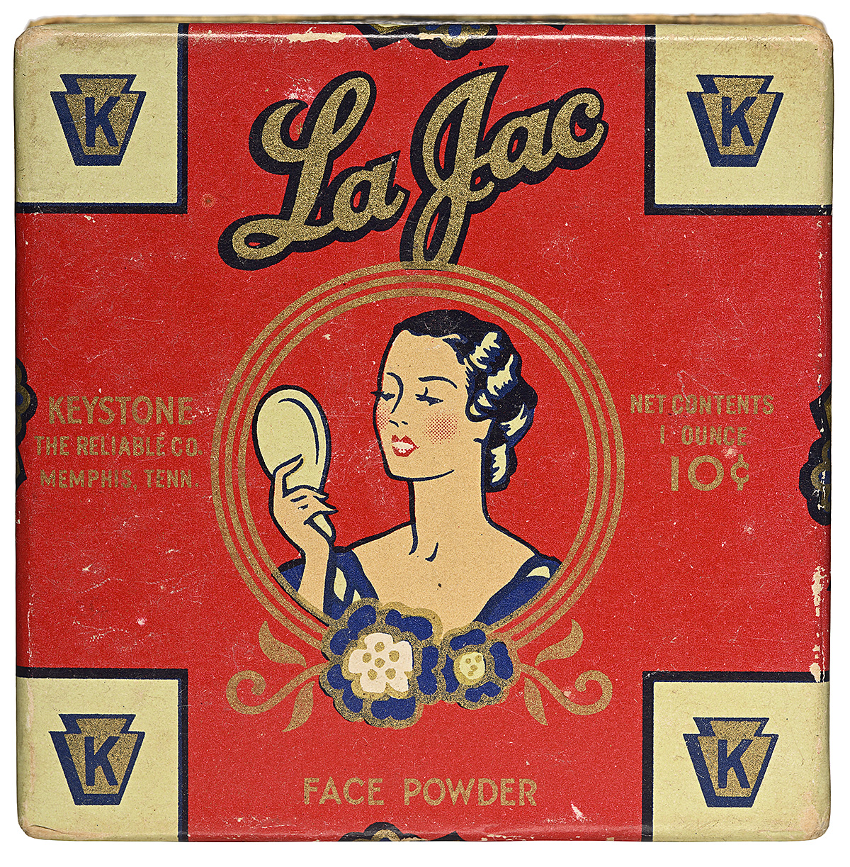 An illustration of a light-skinned woman holding a small mirror on a red background with gold and blue accents.