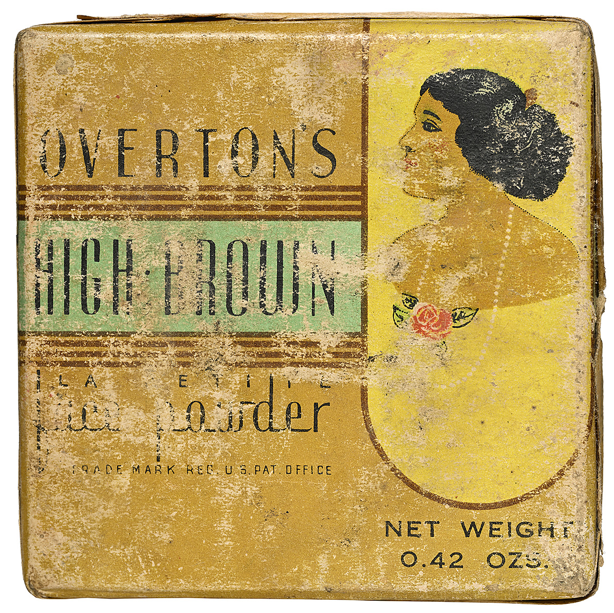 A faded illustration of a medium-skinned woman in side profile framed with black text on a brown background.