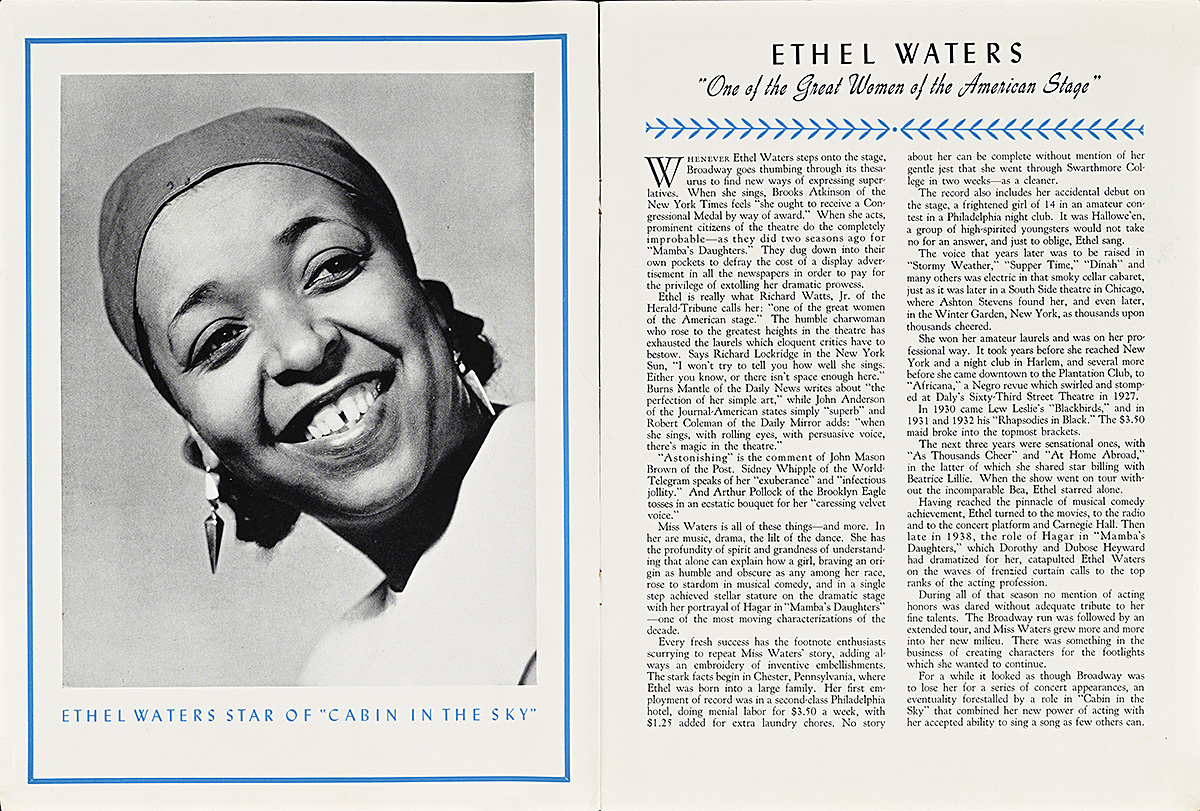 Two open pages with a black and white photograph of a woman's face on the left and small black text on the right.