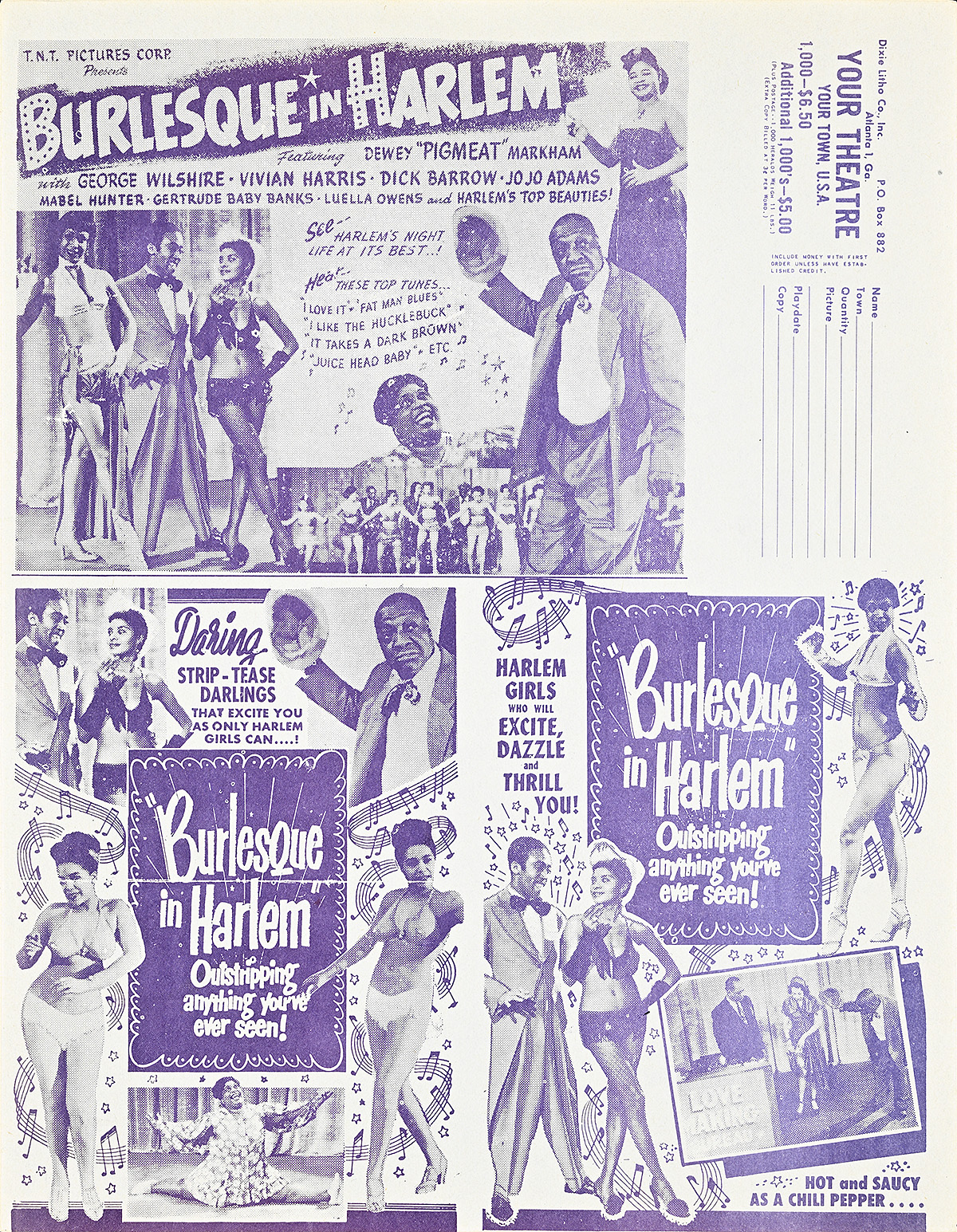 Three purple-toned photographs of men and women talking and dancing surrounded by music notes.