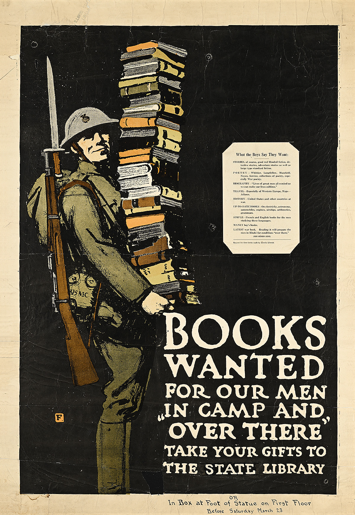 A poster of a soldier holding a tall stack of books in his arms on a black background.