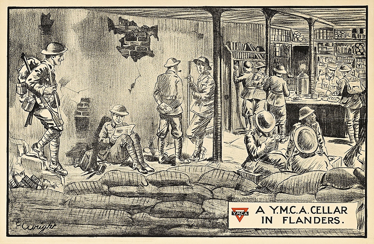 A poster of illustrated men in uniform scattered throughout a basement with books.