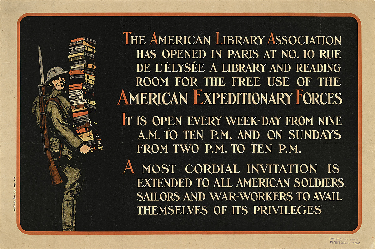 A poster of a man in a military uniform carrying a large stack of books next to paragraphs of text.