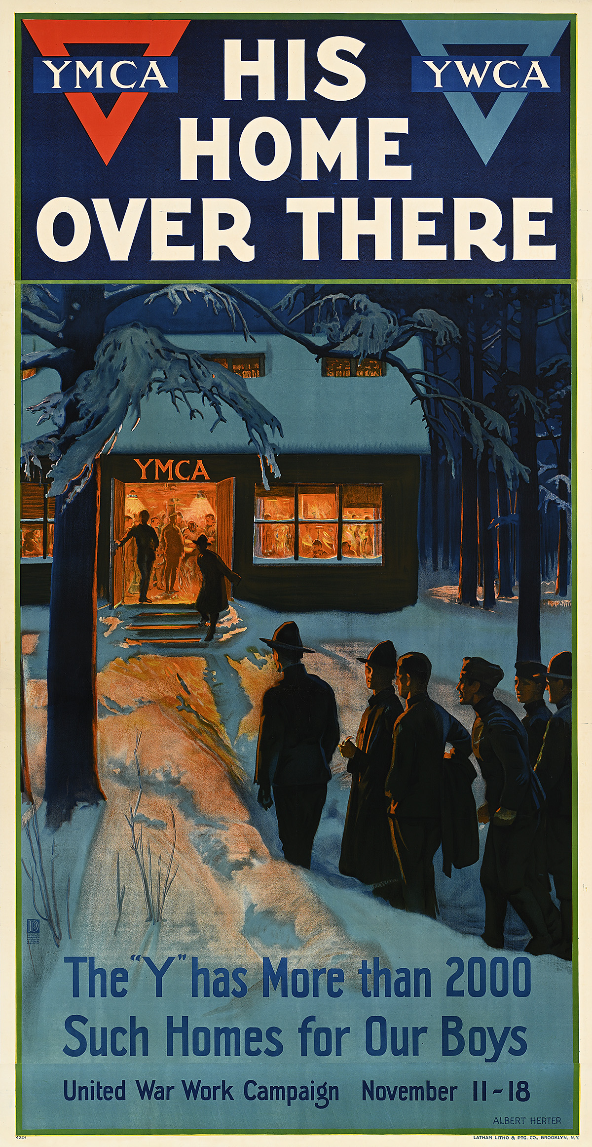 A poster of an outdoor winter scene with men in uniform walking up to a warmly lit house with an open front door.