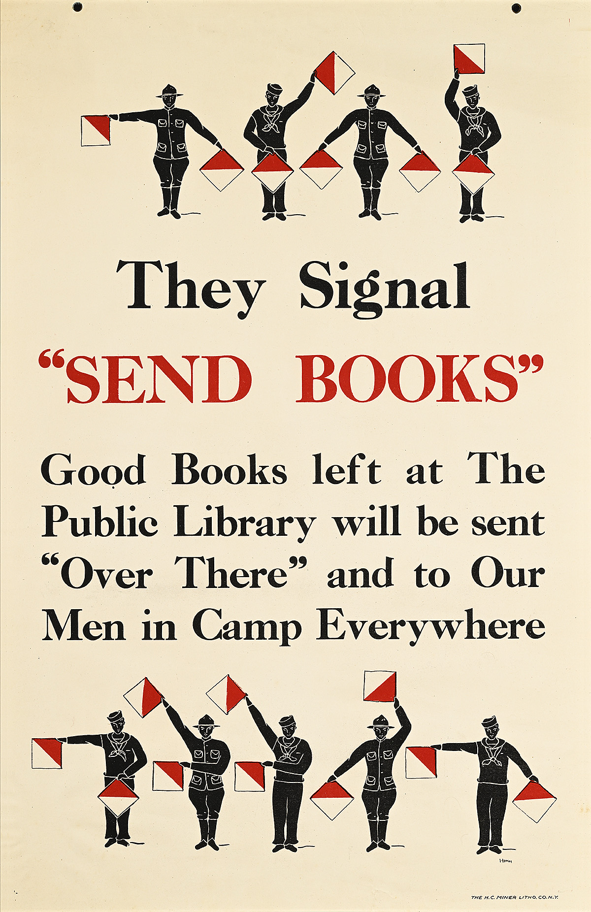 A poster of illustrated men in uniform holding white and red flags in various positions.