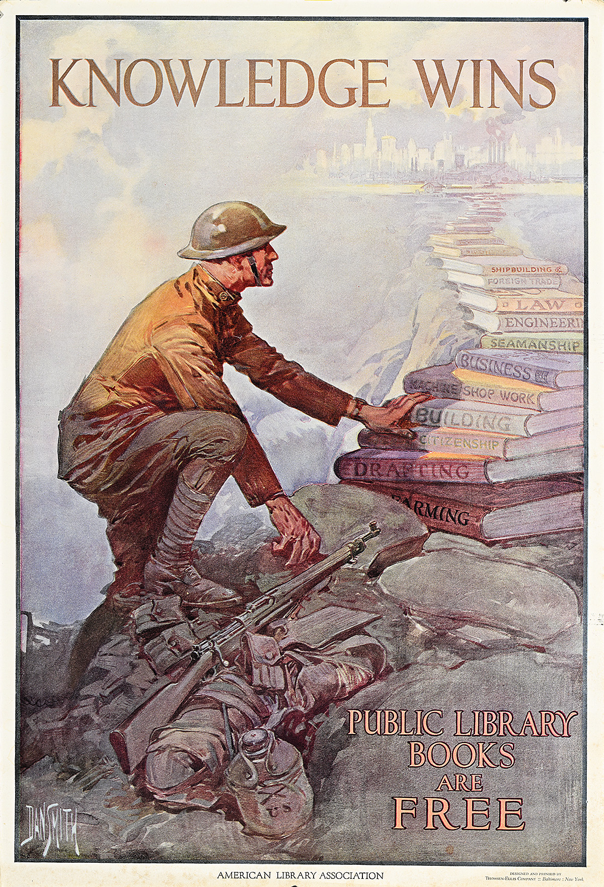 A poster of a soldier crouched down with a pile of books and a city skyline in the background.